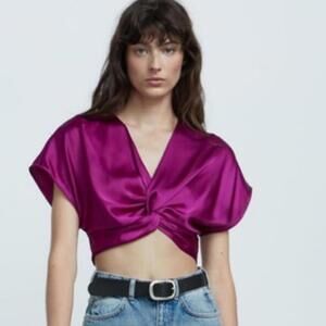 ZARA Fuschia Knot Crop Satin Blouse, Size S